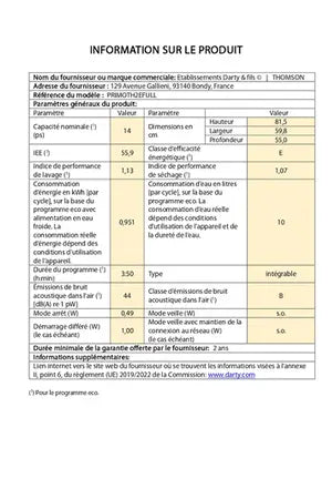 Lave-vaisselle Thomson PRIMOTH2EFULL - encastrable 60cm Thomson