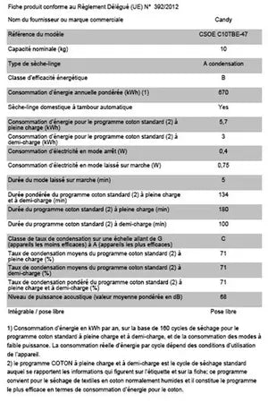 Sèche-linge Candy CSOE C10TBE-47 Candy